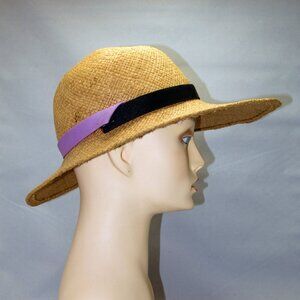 Straw Sun Hat with Grosgrain Ribbon Black and Lavender by Suss